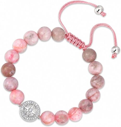 Beaded Bracelets for Girls, Adjustable Pink Zebra Jasper Beaded Bracelet with Compass Four Leaf Clover Charm, Natural Stone Girls Jewelry in Pink Gift Box, Birthday Gifts for Daughter Granddaughter Friend in Saudi Arabia