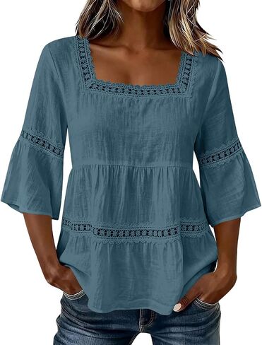 Linen Tops for Women Gauze 3/4 Sleeve Flowy Shirt Square Neck Loose Boho Vacation Casual Lace Trim Fashion Blouse in Kuwait