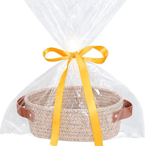 ABenkle Small Woven Basket, Mini Cotton Rope Storage Tiny Shelf Oval Decorative Toy Dog Cat Basket for Nursery, Empty Gift Basket with Gift Bags and Ribbon - White in Kuwait