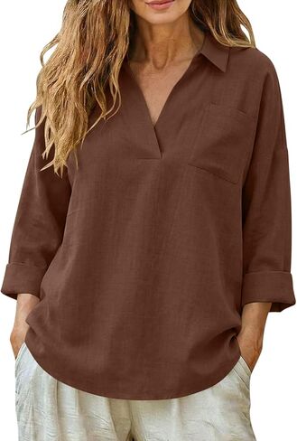 Linen Shirts for Women 2026 Long Sleeve Lapel V Neck Womens Cotton Tops with Pocket Relaxed Loose Fit Work Blouse in Saudi Arabia