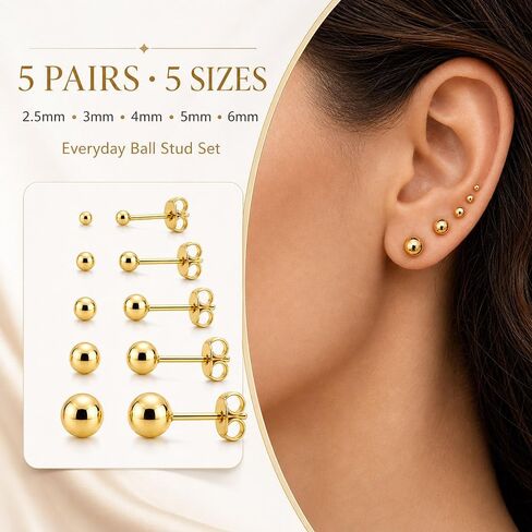 Gold Stud Earrings for Women Trendy, 14K Gold Plated Small Studs Multiple Pairs, Non Tarnish Hypoallergenic Nickel Free Earrings for Sensitive Ears, Dainty Minimalist Stackable Cartilage Helix Earrings in Kuwait