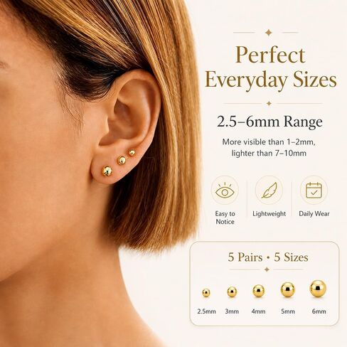 Gold Stud Earrings for Women Trendy, 14K Gold Plated Small Studs Multiple Pairs, Non Tarnish Hypoallergenic Nickel Free Earrings for Sensitive Ears, Dainty Minimalist Stackable Cartilage Helix Earrings in Kuwait