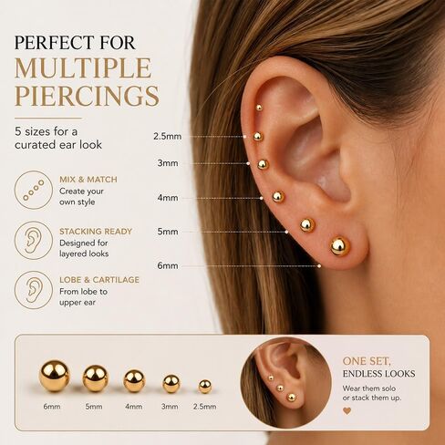 Gold Stud Earrings for Women Trendy, 14K Gold Plated Small Studs Multiple Pairs, Non Tarnish Hypoallergenic Nickel Free Earrings for Sensitive Ears, Dainty Minimalist Stackable Cartilage Helix Earrings in Kuwait