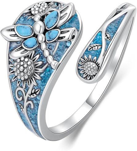 925 Sterling Silver Turquoise Spoon Rings for Women Sunflower/Tree of Life/ladybug/Dragonfly/Butterfly Vintage Antique Thumb Ring Boho Victorian Style Antique Floral Jewelry Gifts for Women in Saudi Arabia