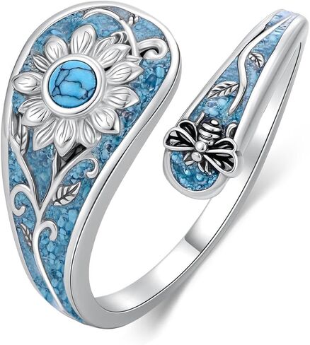 925 Sterling Silver Turquoise Spoon Rings for Women Sunflower/Tree of Life/ladybug/Dragonfly/Butterfly Vintage Antique Thumb Ring Boho Victorian Style Antique Floral Jewelry Gifts for Women in Saudi Arabia