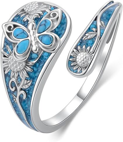 925 Sterling Silver Turquoise Spoon Rings for Women Sunflower/Tree of Life/ladybug/Dragonfly/Butterfly Vintage Antique Thumb Ring Boho Victorian Style Antique Floral Jewelry Gifts for Women in Saudi Arabia