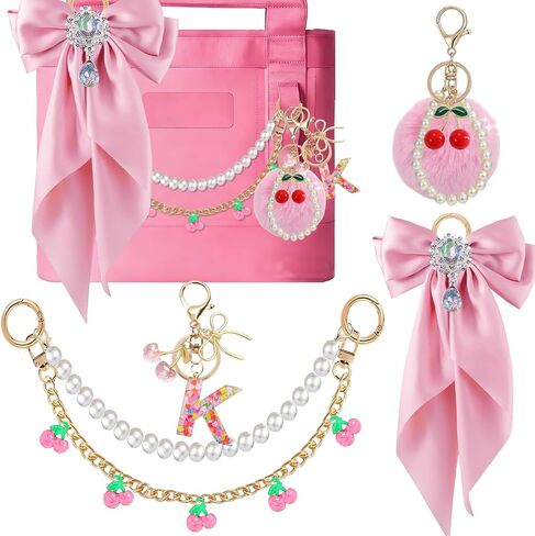 5PCS Tote Bag Decor Kit with Cherry Pom Pom & Pearl Bow, Cherry Initial Letter Keychain, Bag Charm Accessories for YETI Camino 20/35/50 & Bogg Bag, Decoration Kit for Women (Black, Letter A) in Kuwait