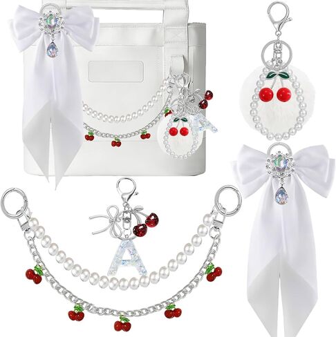 5PCS Tote Bag Decor Kit with Cherry Pom Pom & Pearl Bow, Cherry Initial Letter Keychain, Bag Charm Accessories for YETI Camino 20/35/50 & Bogg Bag, Decoration Kit for Women (Black, Letter A) in Kuwait