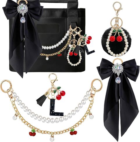 5PCS Tote Bag Decor Kit with Cherry Pom Pom & Pearl Bow, Cherry Initial Letter Keychain, Bag Charm Accessories for YETI Camino 20/35/50 & Bogg Bag, Decoration Kit for Women (Black, Letter A) in Kuwait