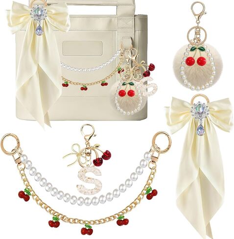 5PCS Tote Bag Decor Kit with Cherry Pom Pom & Pearl Bow, Cherry Initial Letter Keychain, Bag Charm Accessories for YETI Camino 20/35/50 & Bogg Bag, Decoration Kit for Women (Black, Letter A) in Kuwait