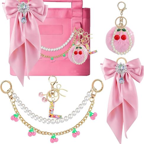 5PCS Tote Bag Decor Kit with Cherry Pom Pom & Pearl Bow, Cherry Initial Letter Keychain, Bag Charm Accessories for YETI Camino 20/35/50 & Bogg Bag, Decoration Kit for Women (Black, Letter A) in Kuwait
