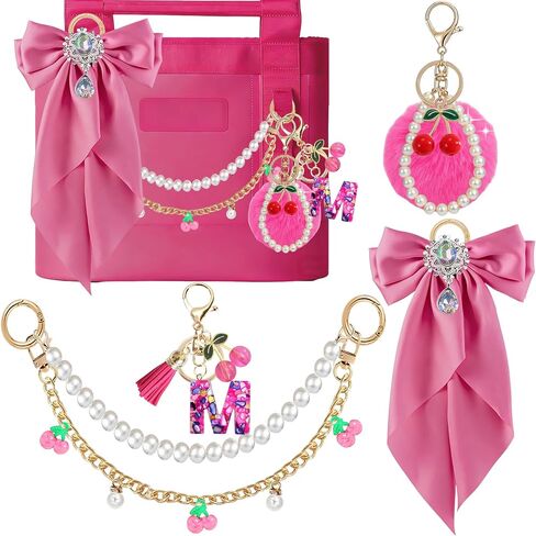 5PCS Tote Bag Decor Kit with Cherry Pom Pom & Pearl Bow, Cherry Initial Letter Keychain, Bag Charm Accessories for YETI Camino 20/35/50 & Bogg Bag, Decoration Kit for Women (Black, Letter A) in Kuwait