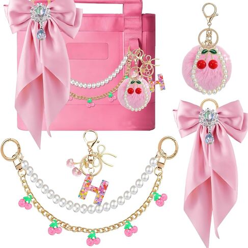 5PCS Tote Bag Decor Kit with Cherry Pom Pom & Pearl Bow, Cherry Initial Letter Keychain, Bag Charm Accessories for YETI Camino 20/35/50 & Bogg Bag, Decoration Kit for Women (Black, Letter A) in Kuwait