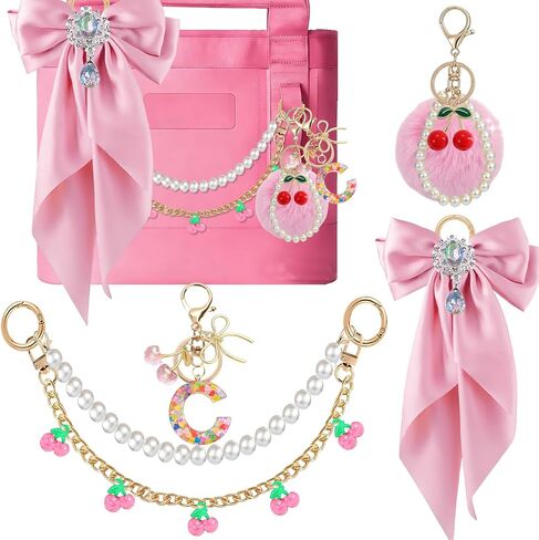 5PCS Tote Bag Decor Kit with Cherry Pom Pom & Pearl Bow, Cherry Initial Letter Keychain, Bag Charm Accessories for YETI Camino 20/35/50 & Bogg Bag, Decoration Kit for Women (Black, Letter A) in Kuwait