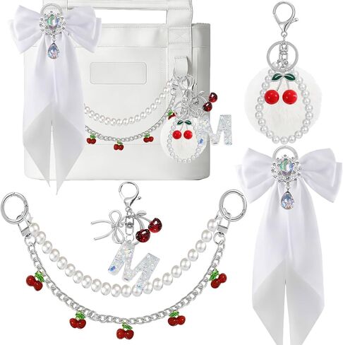 5PCS Tote Bag Decor Kit with Cherry Pom Pom & Pearl Bow, Cherry Initial Letter Keychain, Bag Charm Accessories for YETI Camino 20/35/50 & Bogg Bag, Decoration Kit for Women (Black, Letter A) in Kuwait