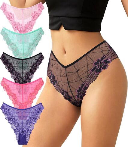 SIONCY Sexy Womens Underwear Low Waist Lace Hollow Out Panties Cheeky Breathable Scalloped Edge Bikini Undies 5 Pack in Saudi Arabia