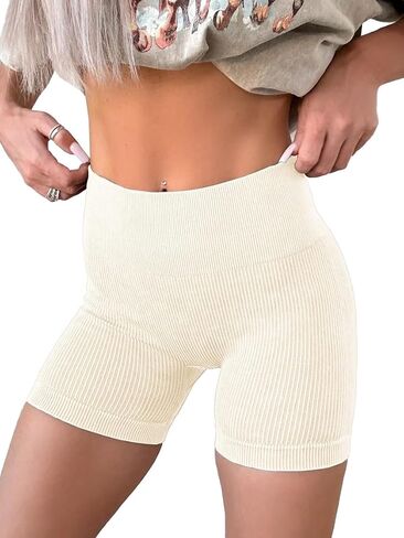 KINLONSAIR Women's High Waist Ribbed Seamless Yoga Workout Impact Shorts Athletic Legging Skinny Fit Breathable Shorts in Saudi Arabia