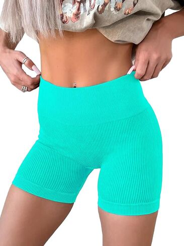 KINLONSAIR Women's High Waist Ribbed Seamless Yoga Workout Impact Shorts Athletic Legging Skinny Fit Breathable Shorts in Saudi Arabia