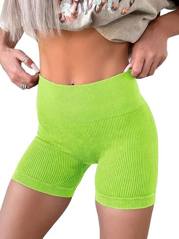 KINLONSAIR Women's High Waist Ribbed Seamless Yoga Workout Impact Shorts Athletic Legging Skinny Fit Breathable Shorts in Saudi Arabia