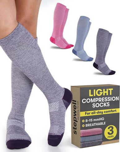 STEPWELL Bamboo Viscose Light Compression Socks for Women & Men – 3 Pairs, 8–15 mmHg Mild Compression Socks for Daily Comfort in Kuwait