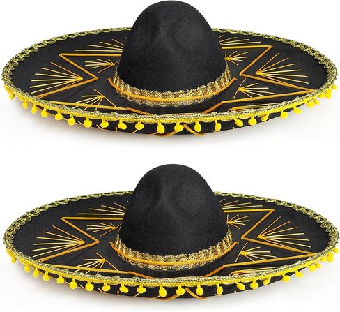 GiftExpress 2PC Adult Black Sombrero Hat, 21-Inch Wide – Mariachi-Style Costume Sombrero with Gold Braid Trim, Polyester, One Size Fits Most in Kuwait