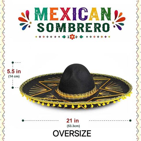 GiftExpress 2PC Adult Black Sombrero Hat, 21-Inch Wide – Mariachi-Style Costume Sombrero with Gold Braid Trim, Polyester, One Size Fits Most in Kuwait
