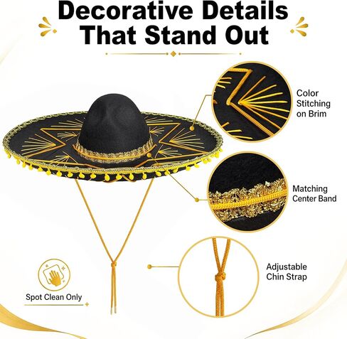 GiftExpress 2PC Adult Black Sombrero Hat, 21-Inch Wide – Mariachi-Style Costume Sombrero with Gold Braid Trim, Polyester, One Size Fits Most in Kuwait
