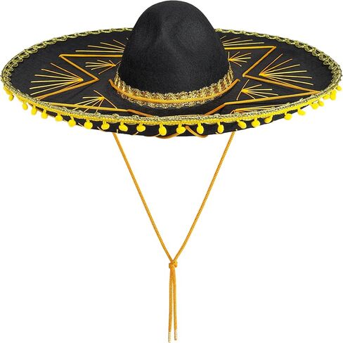 GiftExpress 2PC Adult Black Sombrero Hat, 21-Inch Wide – Mariachi-Style Costume Sombrero with Gold Braid Trim, Polyester, One Size Fits Most in Kuwait
