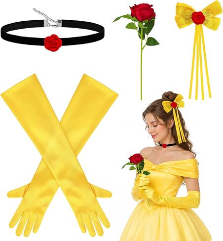Orgoue Princess Costume Accessories for Women, Princess Accessories Set | Yellow Gloves, Choker, Hair Clip, Red Rose, Halloween Dress up, Cosplay, Birthday Party in Saudi Arabia