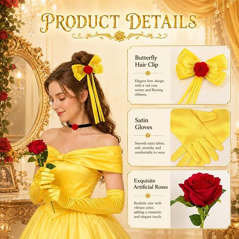 Orgoue Princess Costume Accessories for Women, Princess Accessories Set | Yellow Gloves, Choker, Hair Clip, Red Rose, Halloween Dress up, Cosplay, Birthday Party in Saudi Arabia