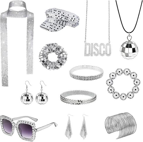 12 Pcs 70s Disco Accessories Women's Disco Costume Jewelry Set with Sequin Scarf Headband Hat Hairband Diamond Bracelet Ball Necklace Earring Glasses for Music Festival, Neon Party & Halloween in Saudi Arabia