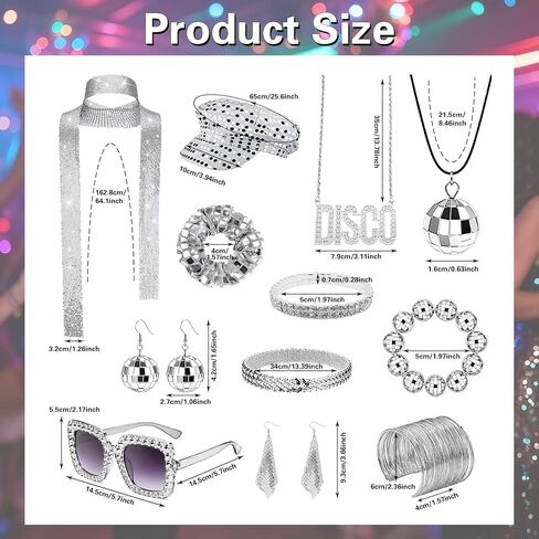 12 Pcs 70s Disco Accessories Women's Disco Costume Jewelry Set with Sequin Scarf Headband Hat Hairband Diamond Bracelet Ball Necklace Earring Glasses for Music Festival, Neon Party & Halloween in Saudi Arabia
