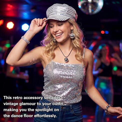 12 Pcs 70s Disco Accessories Women's Disco Costume Jewelry Set with Sequin Scarf Headband Hat Hairband Diamond Bracelet Ball Necklace Earring Glasses for Music Festival, Neon Party & Halloween in Saudi Arabia