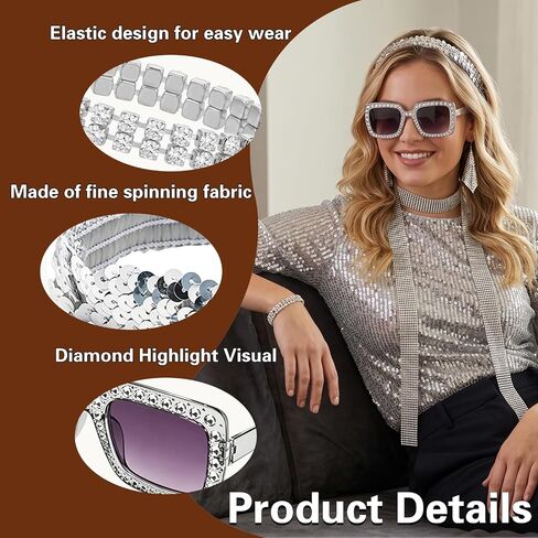12 Pcs 70s Disco Accessories Women's Disco Costume Jewelry Set with Sequin Scarf Headband Hat Hairband Diamond Bracelet Ball Necklace Earring Glasses for Music Festival, Neon Party & Halloween in Saudi Arabia