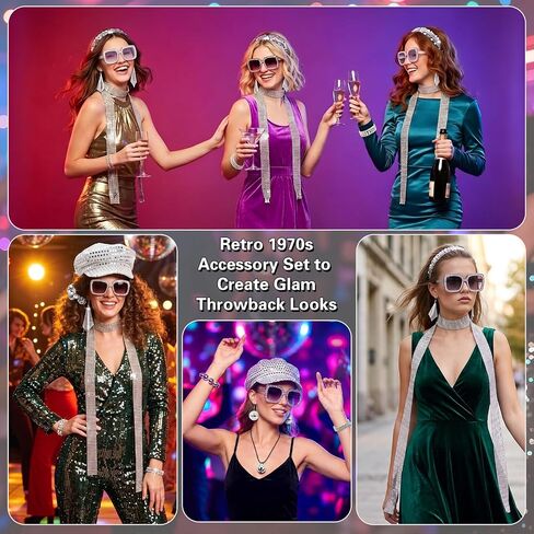 12 Pcs 70s Disco Accessories Women's Disco Costume Jewelry Set with Sequin Scarf Headband Hat Hairband Diamond Bracelet Ball Necklace Earring Glasses for Music Festival, Neon Party & Halloween in Saudi Arabia