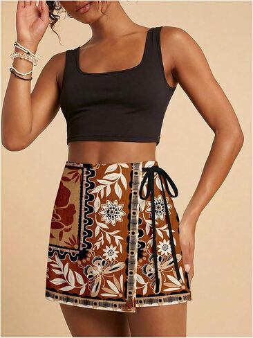 SweatyRocks Women's Boho Mini Skirts Floral Shorts Tie Side Wrap Elastic Waist Summer Skorts Beach Vacation Outfits Rust Brown Small in Kuwait