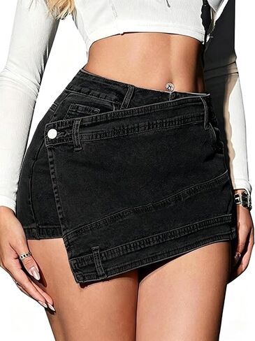 Women's Denim Shorts, Asymmetrical Wrap Jean Skort with Pockets, Casual Y2K Bodycon Shorts for Summer in Kuwait