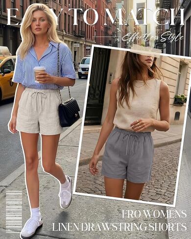 Ficerd 3 Pack Women's Linen Shorts Summer Casual Drawstring Shorts Baggy Wide Leg Trendy Beach Comfy Short with Pockets(Light Khaki, Gray, Black,Large) in Kuwait