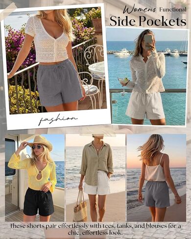 Ficerd 3 Pack Women's Linen Shorts Summer Casual Drawstring Shorts Baggy Wide Leg Trendy Beach Comfy Short with Pockets(Light Khaki, Gray, Black,Large) in Kuwait