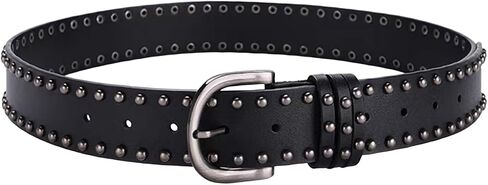 1 Black Vintage 2000s-inspired Metal-Accented Leather Belt, Wide Western Studded Waist Belt for Women in Kuwait