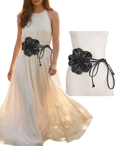 Flower Waist Belt for Dresses, Adjustable PU Leather Floral Belt for Women, Elegant Big Flower Decorative Long Tie Belt in Saudi Arabia