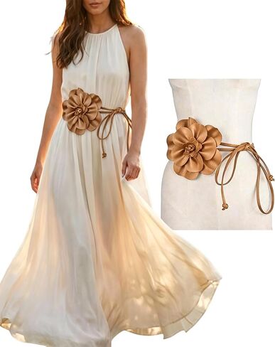 Flower Waist Belt for Dresses, Adjustable PU Leather Floral Belt for Women, Elegant Big Flower Decorative Long Tie Belt in Saudi Arabia