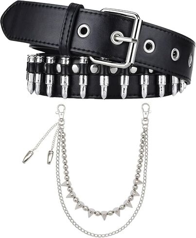 Bullet Belt and Spike Chain Set Punk Rock Y2K Belts with Bullet Pendant Fringes Multi Layer Stud Belt (Black) in Saudi Arabia