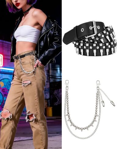 Bullet Belt and Spike Chain Set Punk Rock Y2K Belts with Bullet Pendant Fringes Multi Layer Stud Belt (Black) in Saudi Arabia