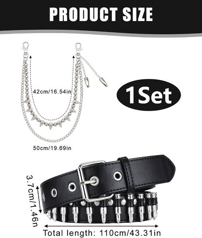 Bullet Belt and Spike Chain Set Punk Rock Y2K Belts with Bullet Pendant Fringes Multi Layer Stud Belt (Black) in Saudi Arabia