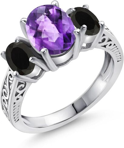 Gem Stone King 2.38 Cttw Purple Amethyst and Black Onyx 3-Stone Ring For Women | 925 Sterling Silver | Gemstone Birthstone | 3 Stone Wedding Engagement Anniversary Promise Ring For Women in Kuwait