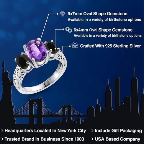Gem Stone King 2.38 Cttw Purple Amethyst and Black Onyx 3-Stone Ring For Women | 925 Sterling Silver | Gemstone Birthstone | 3 Stone Wedding Engagement Anniversary Promise Ring For Women in Kuwait