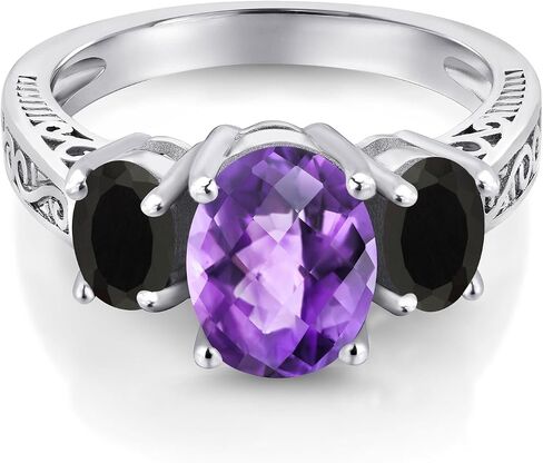 Gem Stone King 2.38 Cttw Purple Amethyst and Black Onyx 3-Stone Ring For Women | 925 Sterling Silver | Gemstone Birthstone | 3 Stone Wedding Engagement Anniversary Promise Ring For Women in Kuwait