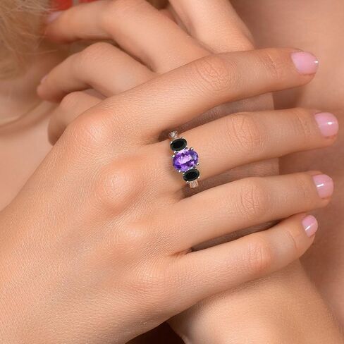 Gem Stone King 2.38 Cttw Purple Amethyst and Black Onyx 3-Stone Ring For Women | 925 Sterling Silver | Gemstone Birthstone | 3 Stone Wedding Engagement Anniversary Promise Ring For Women in Kuwait