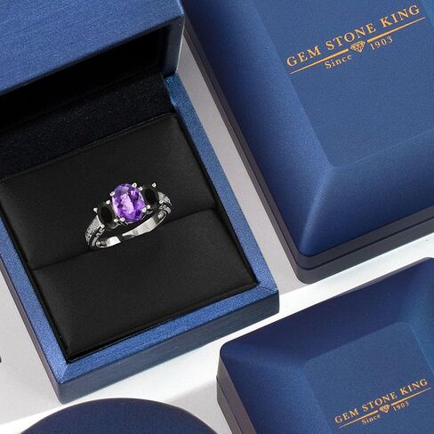 Gem Stone King 2.38 Cttw Purple Amethyst and Black Onyx 3-Stone Ring For Women | 925 Sterling Silver | Gemstone Birthstone | 3 Stone Wedding Engagement Anniversary Promise Ring For Women in Kuwait